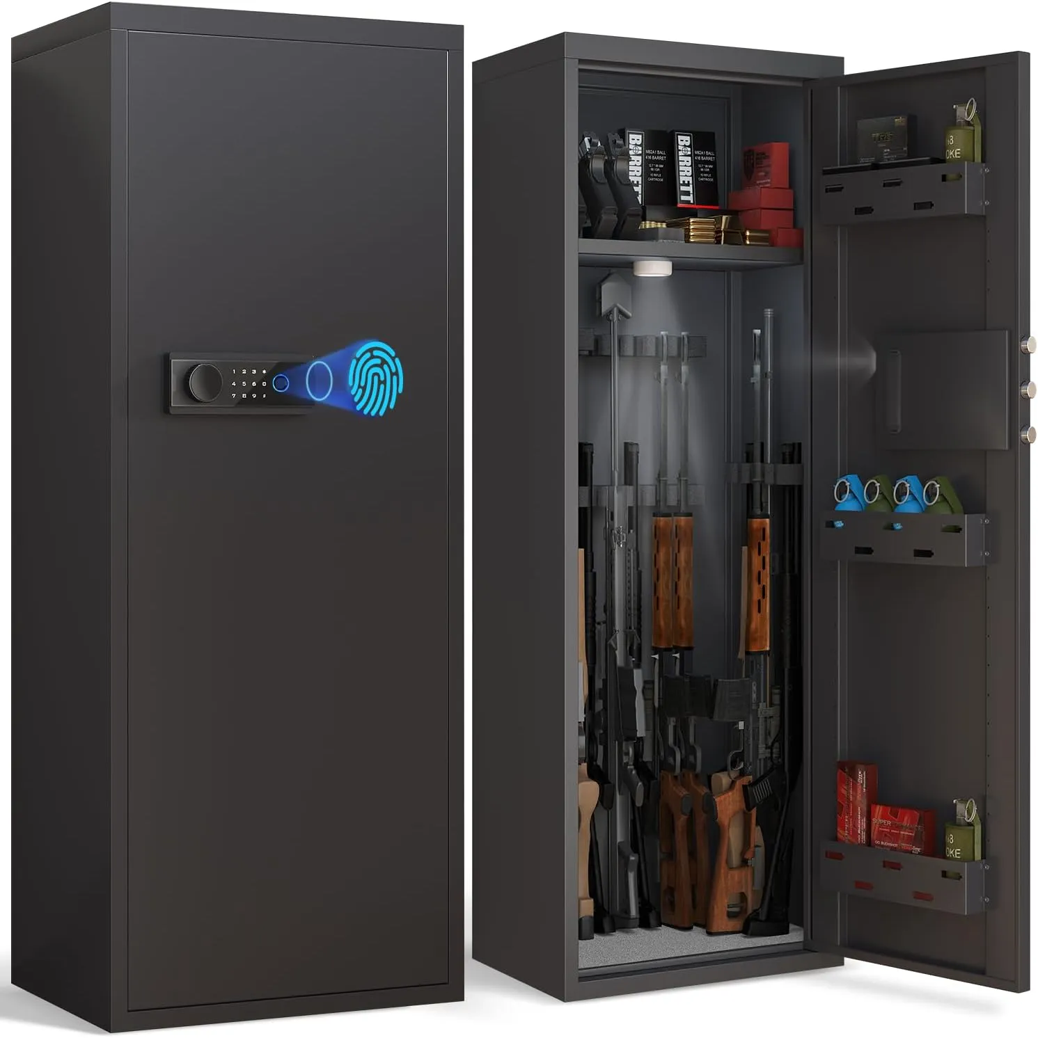 10-14 Gun Safe for Shotguns, Large Unassembled Fingerprint Gun Safe for Home Rifle and Pistols with Dual Alarm and Mute Mode, Long Gun Cabinet with Touchscreen Pad, Removable Shelves