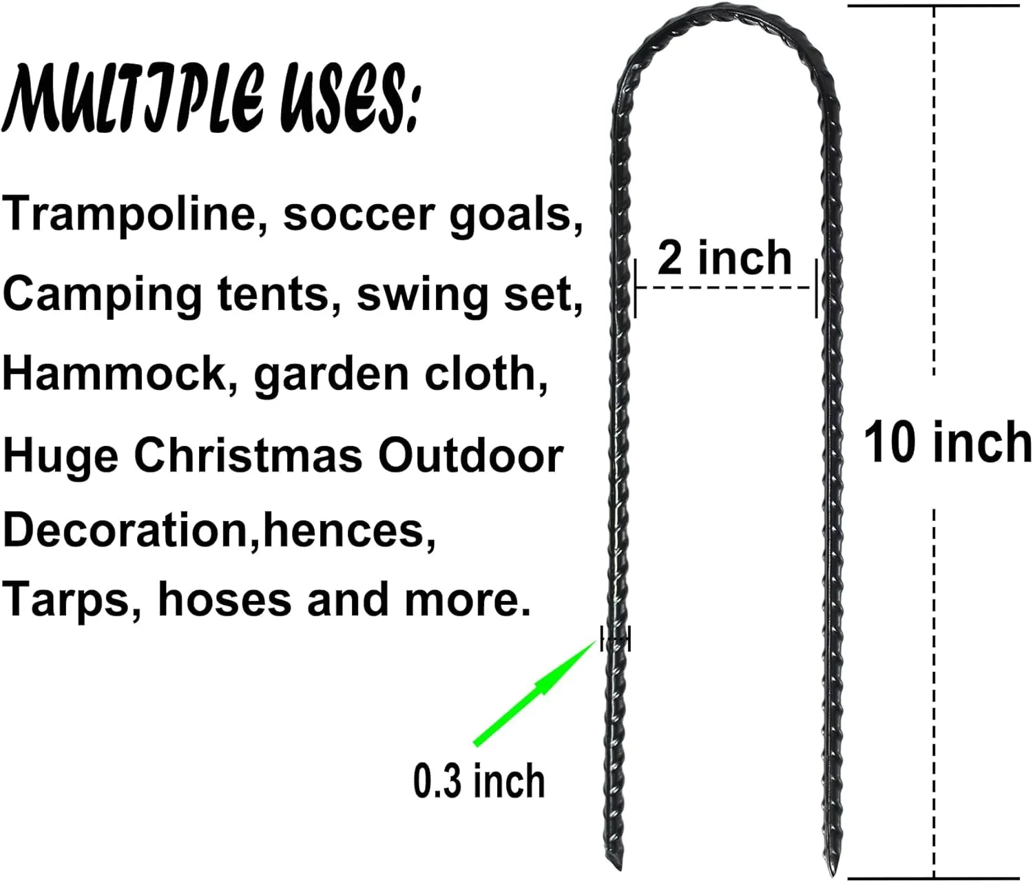 10-Inch Trampoline Wind Stakes U Shaped Rebar Ground Stakes Ground Anchors for Trampoline Security, Swing Set, Camping, Fences, Hoses and More (10, Black)