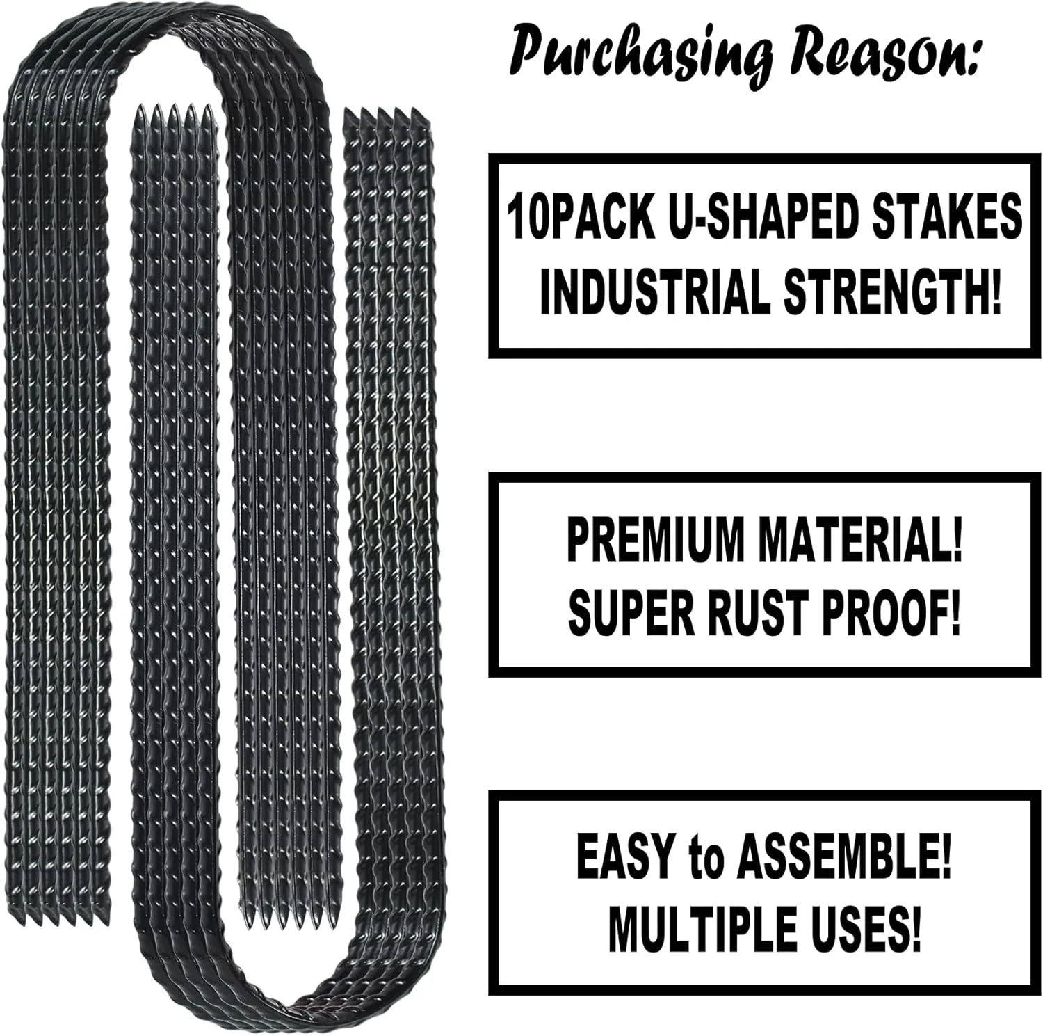 10-Inch Trampoline Wind Stakes U Shaped Rebar Ground Stakes Ground Anchors for Trampoline Security, Swing Set, Camping, Fences, Hoses and More (10, Black)