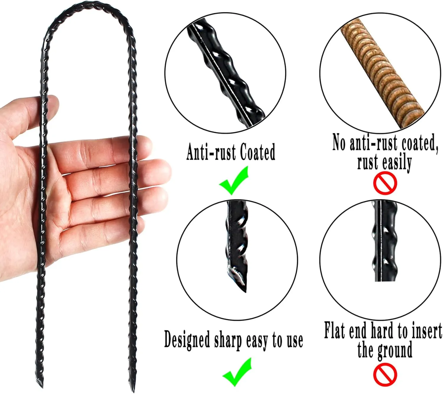 10-Inch Trampoline Wind Stakes U Shaped Rebar Ground Stakes Ground Anchors for Trampoline Security, Swing Set, Camping, Fences, Hoses and More (10, Black)