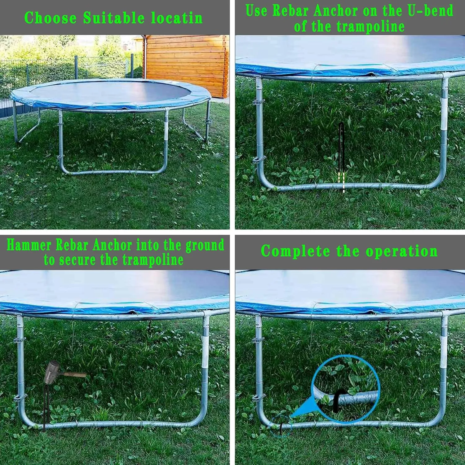 10-Inch Trampoline Wind Stakes U Shaped Rebar Ground Stakes Ground Anchors for Trampoline Security, Swing Set, Camping, Fences, Hoses and More (10, Black)