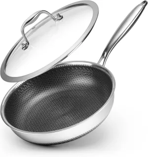10.5 inch Frying Pan Nonstick with Lid, 2.5 Qt Deep Non Stick Stainless Steel Sauté Pan Skillet, Dishwasher and Oven Safe, Compatible with All Cooktops