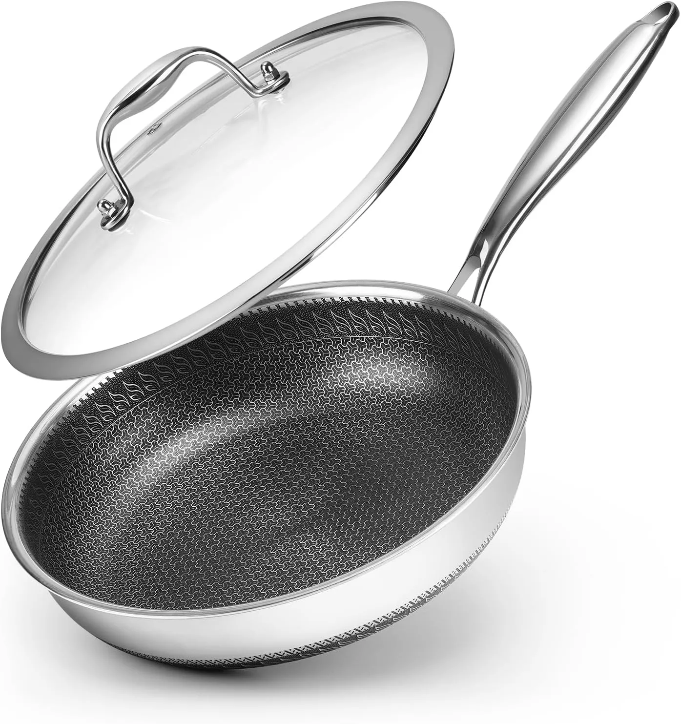 10.5 inch Frying Pan Nonstick with Lid, 2.5 Qt Deep Non Stick Stainless Steel Sauté Pan Skillet, Dishwasher and Oven Safe, Compatible with All Cooktops
