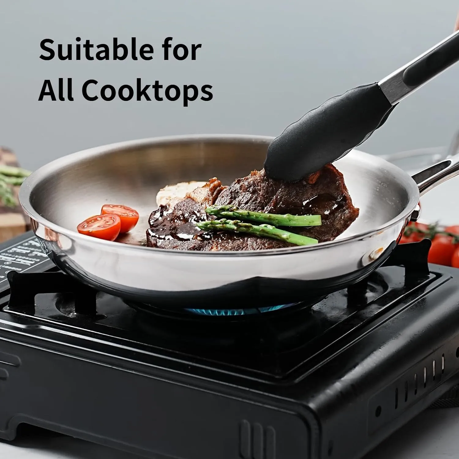 11.5 Inch Tri-Ply Stainless Steel Frying Pan with Lid,Whole-Clad No Coatings Skillet with Stay-cool Handle for Cooking,Dishwasher and Oven Safe,Induction Pans
