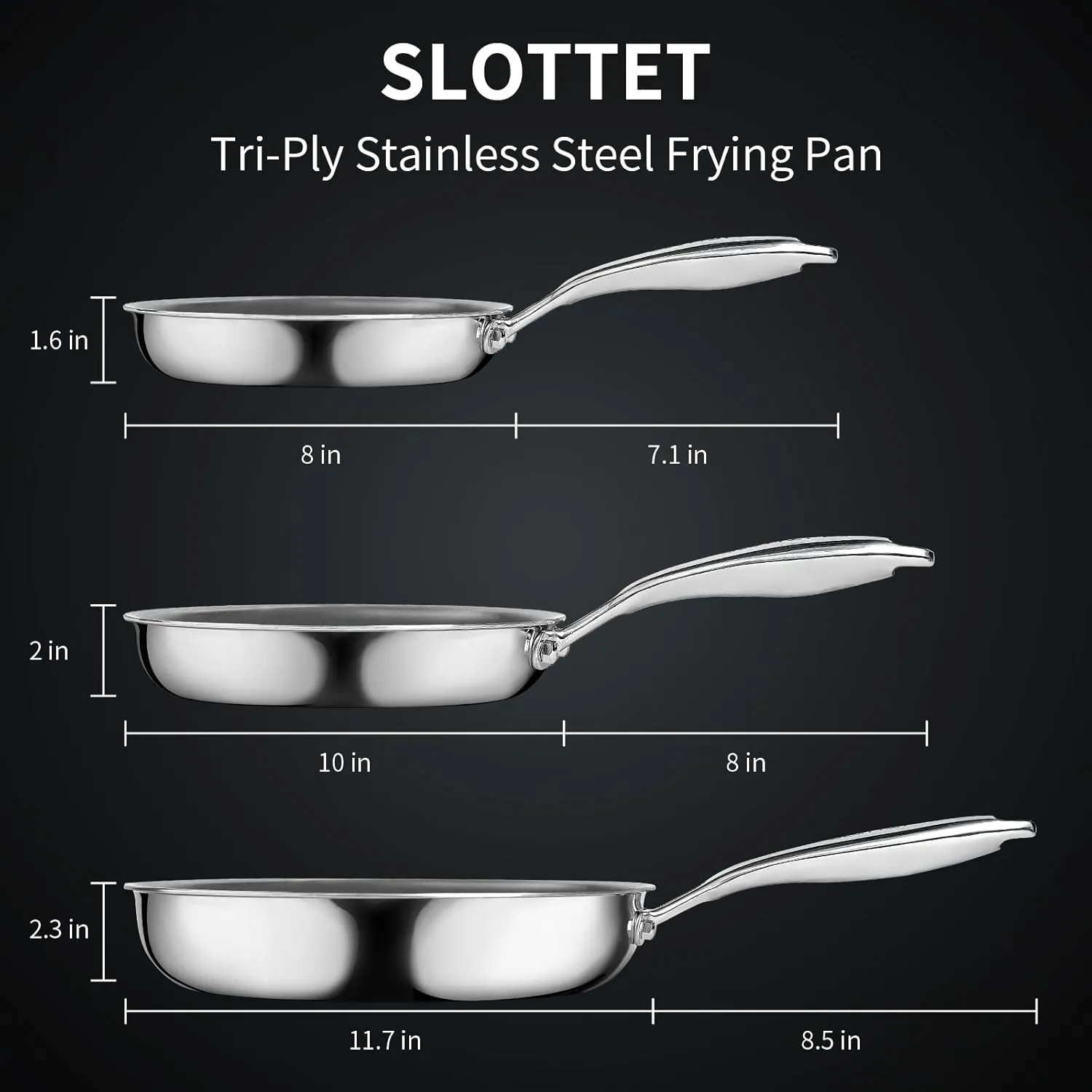 11.5 Inch Tri-Ply Stainless Steel Frying Pan with Lid,Whole-Clad No Coatings Skillet with Stay-cool Handle for Cooking,Dishwasher and Oven Safe,Induction Pans