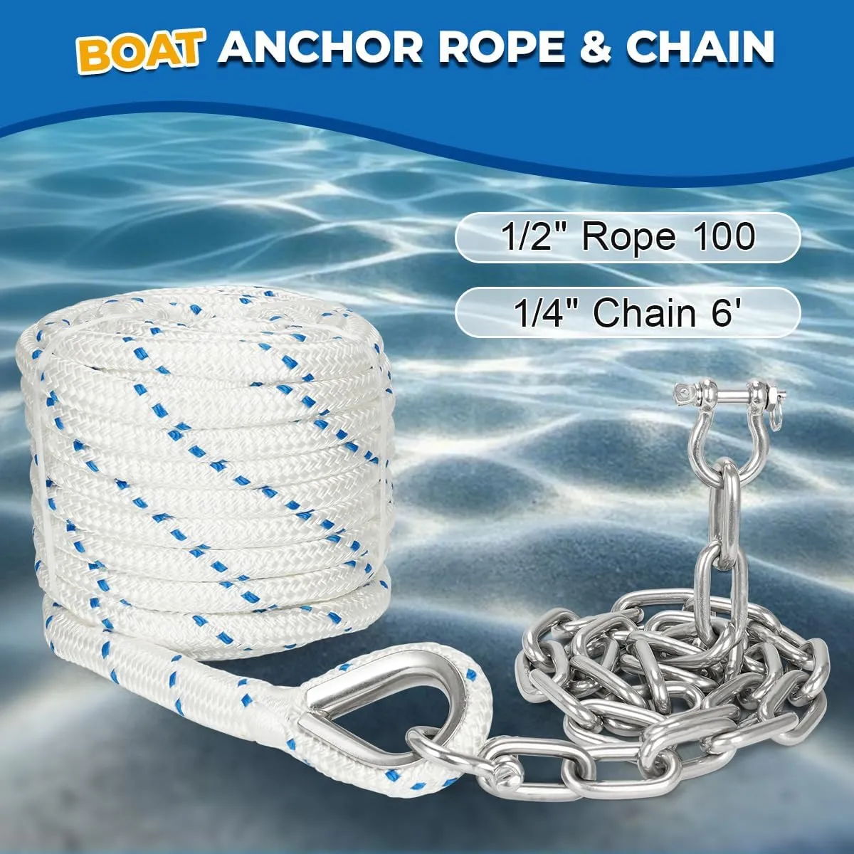 1/2" Boat Anchor Rope 100 FT with 316 Stainless Steel Chain 1/4" x 6 FT, 5/16" Anti-Off Shackles and 1/2" Thimble, Anchor Rode for Mooring, Boats Pontoon, Deck, Fishing, Sail