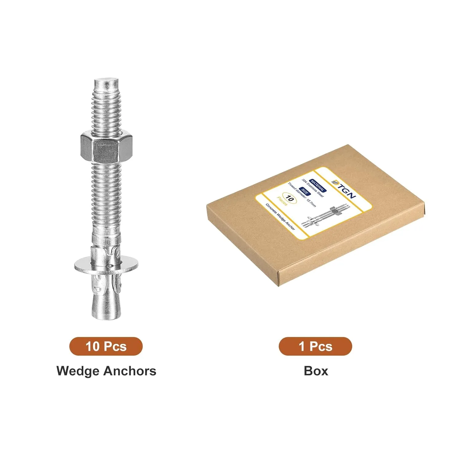 1/2" x 4" Wedge Anchors - 10Pack - Good for Cement and Concrete Wall - 304 Stainless Steel Zinc Plated Screw Bolt Nut Expansion Tube Fasteners