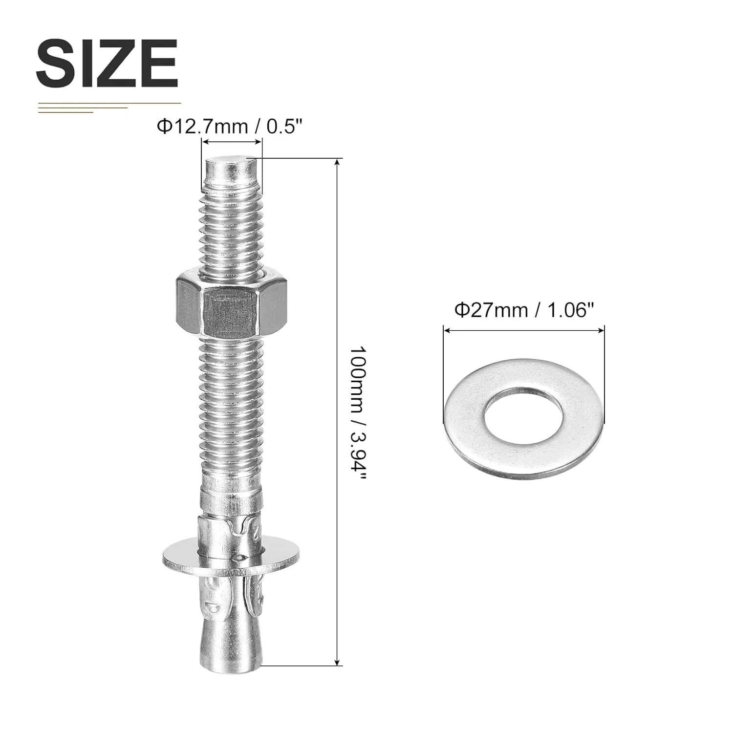 1/2" x 4" Wedge Anchors - 10Pack - Good for Cement and Concrete Wall - 304 Stainless Steel Zinc Plated Screw Bolt Nut Expansion Tube Fasteners