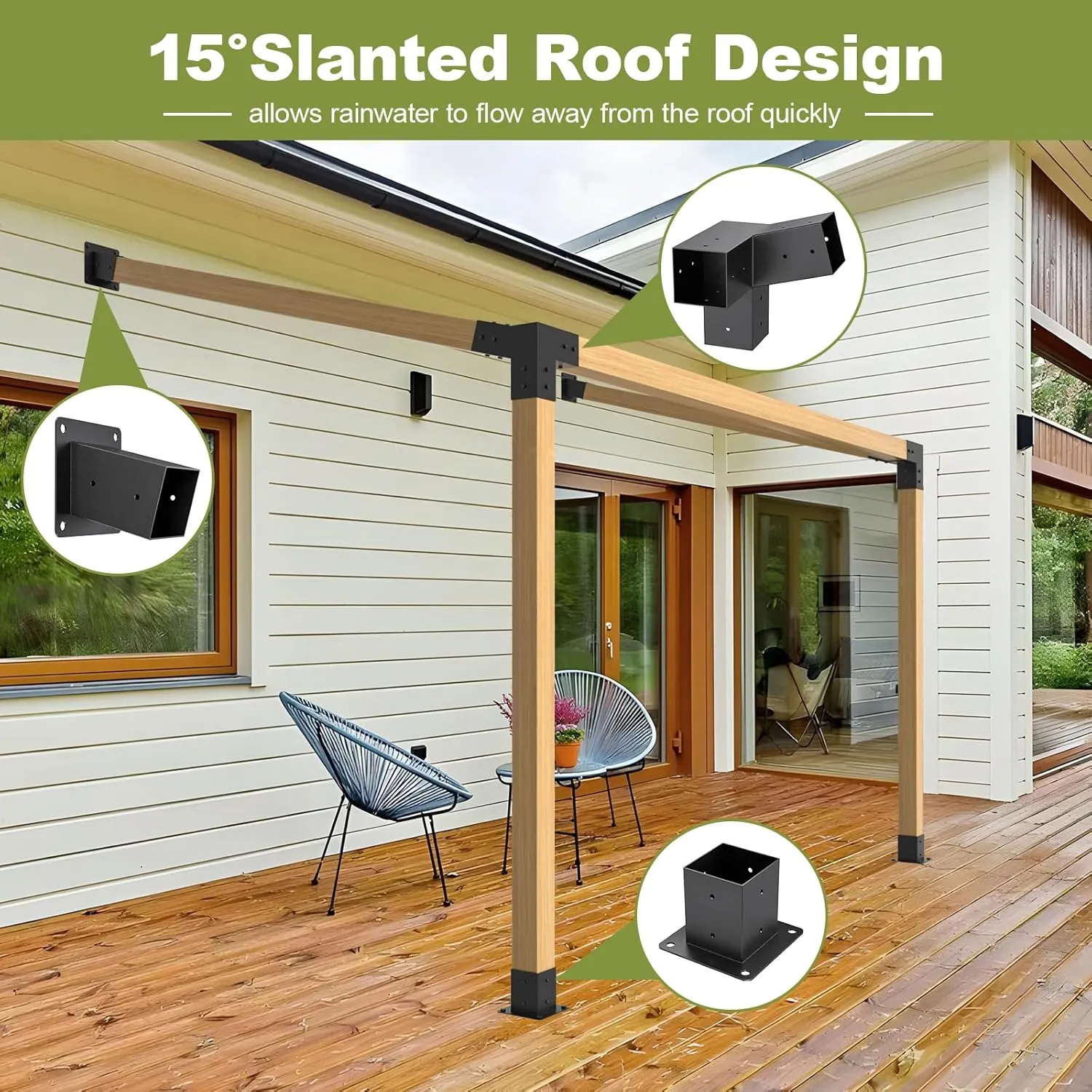 15° 3-Way 3pcs Slanted Roof Pergola Bracket Set, Roof Wall Mount Extension Bracket Kit,4" x 4" (Actual: 3.5x3.5 Inch) Powder-Coated Pergola Hardware for Porch,Gazebo, Backyard