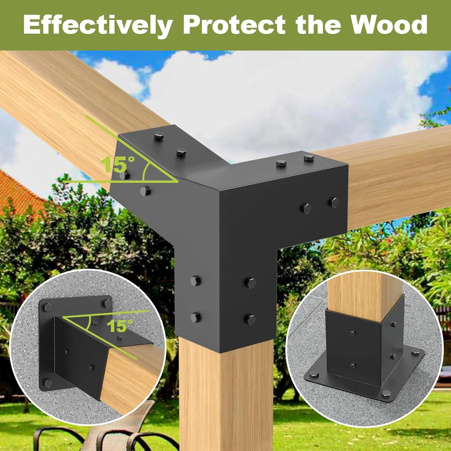 15° 3-Way 3pcs Slanted Roof Pergola Bracket Set, Roof Wall Mount Extension Bracket Kit,4" x 4" (Actual: 3.5x3.5 Inch) Powder-Coated Pergola Hardware for Porch,Gazebo, Backyard