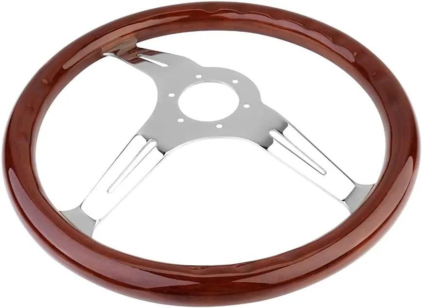 15" Classic Wood Grain Steering Wheel Riveted Light Wood Grip Universal Car Racing Wood Steering Wheels Slotted 3 Spoke with Horn button