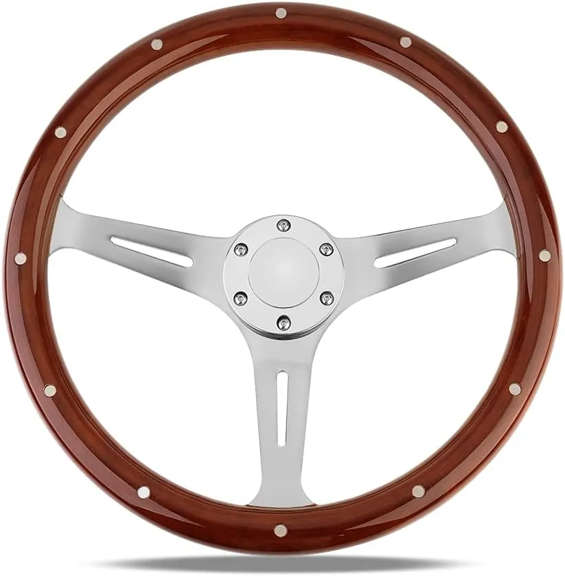 15" Classic Wood Grain Steering Wheel Riveted Light Wood Grip Universal Car Racing Wood Steering Wheels Slotted 3 Spoke with Horn button
