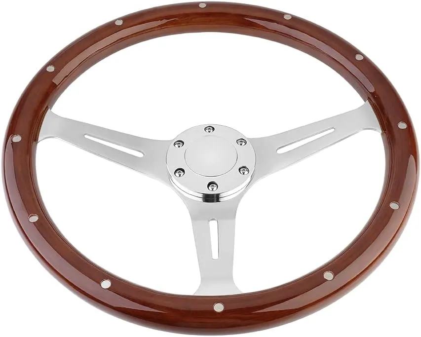 15" Classic Wood Grain Steering Wheel Riveted Light Wood Grip Universal Car Racing Wood Steering Wheels Slotted 3 Spoke with Horn button