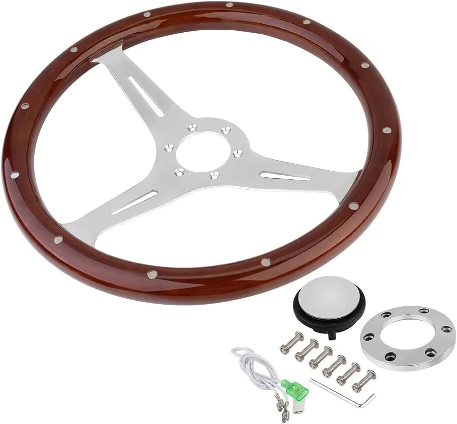 15" Classic Wood Grain Steering Wheel Riveted Light Wood Grip Universal Car Racing Wood Steering Wheels Slotted 3 Spoke with Horn button