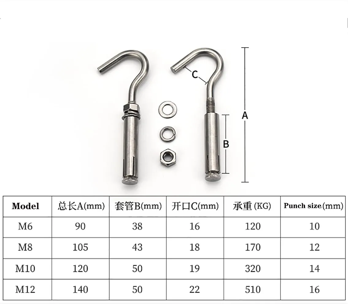 1Pcs M6 M8 M10 M12 Expansion Screws Hooks 304 Stainless Steel Eye Bolt Open Anchor Hook for Basket Ceiling Fan Hanging - (Size: M8)