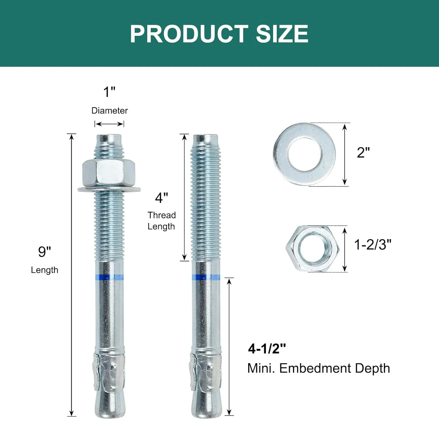 1" x 9" Concrete Anchors (10 Pack) 1 inch Wedge Anchors Bolts Zinc Plated
