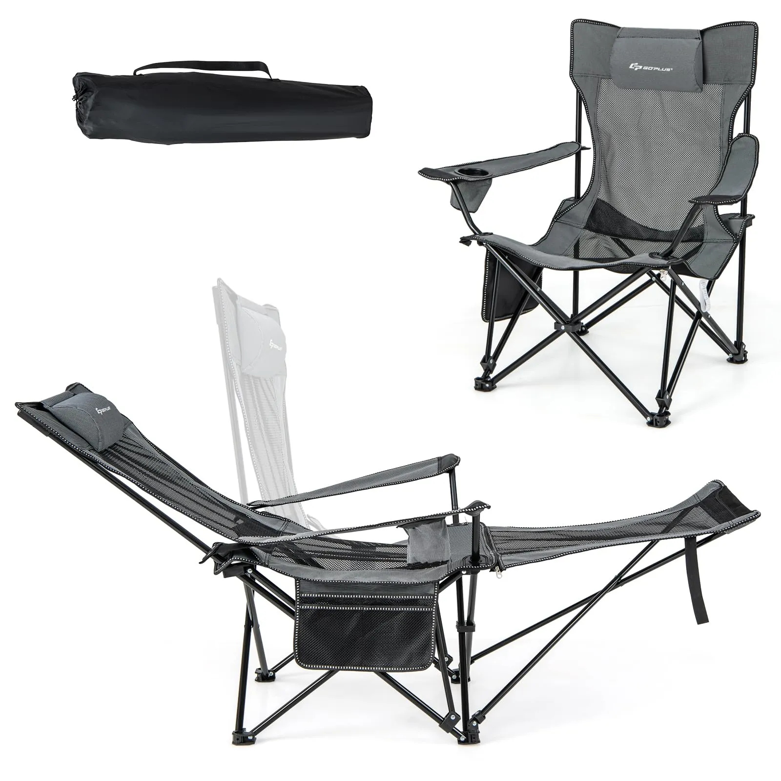 2 in 1 Folding Camping Lounge Chair with Detachable Footrest for Fishing Picnics
