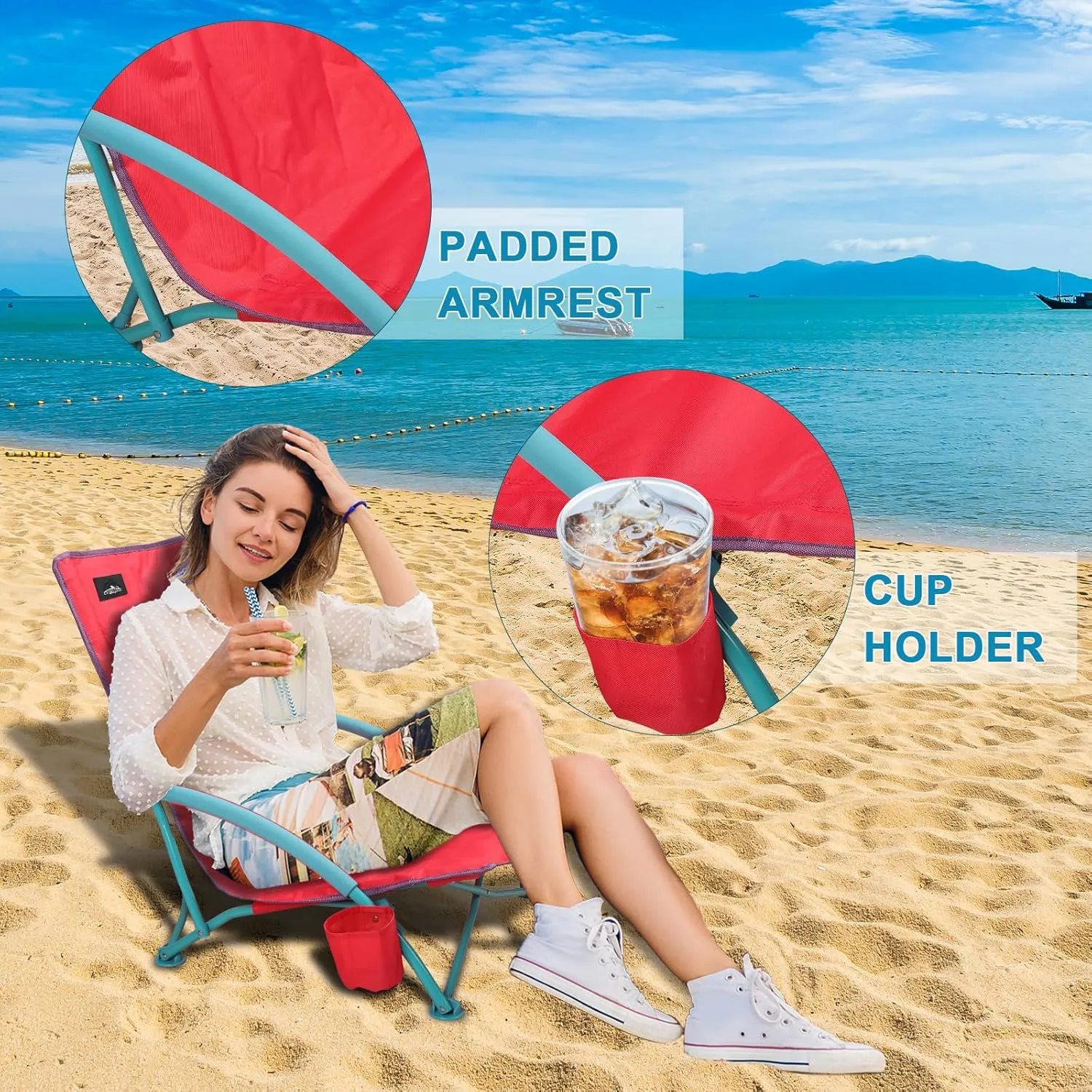 2 Pack Low Folding Beach Chair,Portable Lightweight Lowback Sling Chair, Outdoor Low Seat Camping Chair w/Cup Holder & Carry Bag for Sand Camping Lawn Picnic Festival,Pink