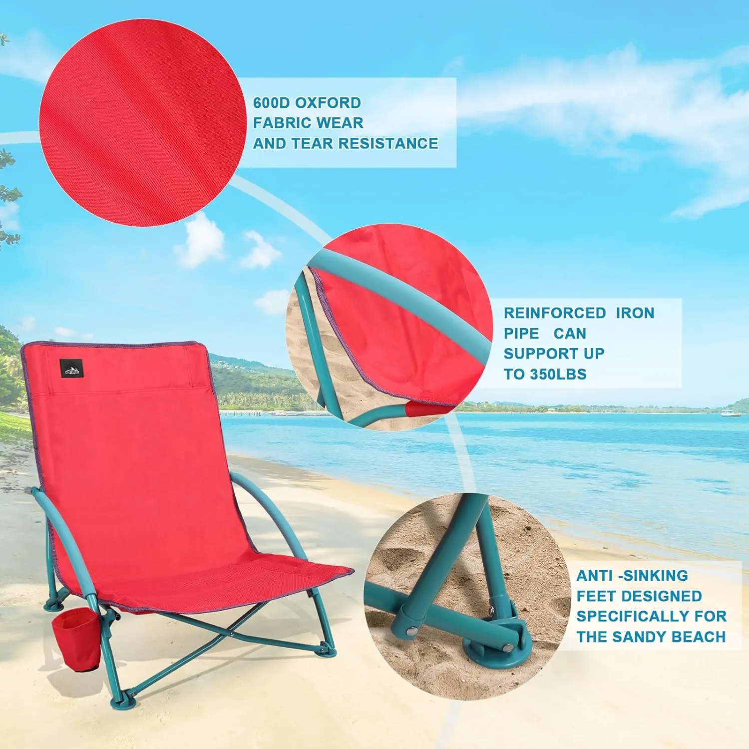 2 Pack Low Folding Beach Chair,Portable Lightweight Lowback Sling Chair, Outdoor Low Seat Camping Chair w/Cup Holder & Carry Bag for Sand Camping Lawn Picnic Festival,Pink