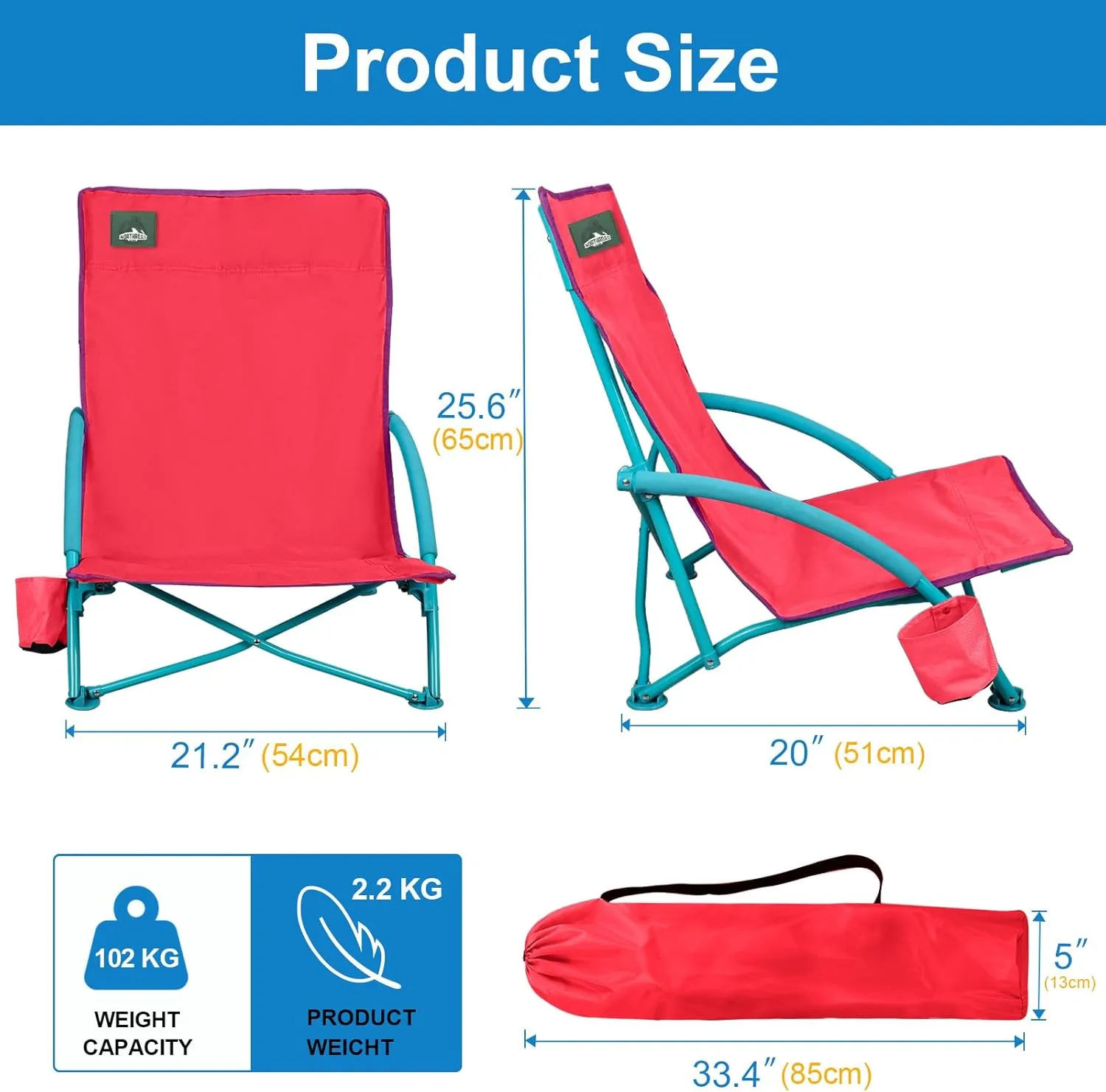 2 Pack Low Folding Beach Chair,Portable Lightweight Lowback Sling Chair, Outdoor Low Seat Camping Chair w/Cup Holder & Carry Bag for Sand Camping Lawn Picnic Festival,Pink