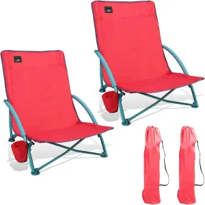 2 Pack Low Folding Beach Chair,Portable Lightweight Lowback Sling Chair, Outdoor Low Seat Camping Chair w/Cup Holder & Carry Bag for Sand Camping Lawn Picnic Festival,Pink