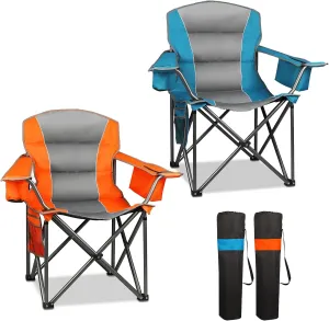 2 Pack Oversized Camping Chair, Padded Portable Chairs Heavy Duty Camping Folding Chairs w/Cooler Bag & Cup Holder, Support 400 LBS for Outdoor, Fishing & Garden (Orange & Blue)