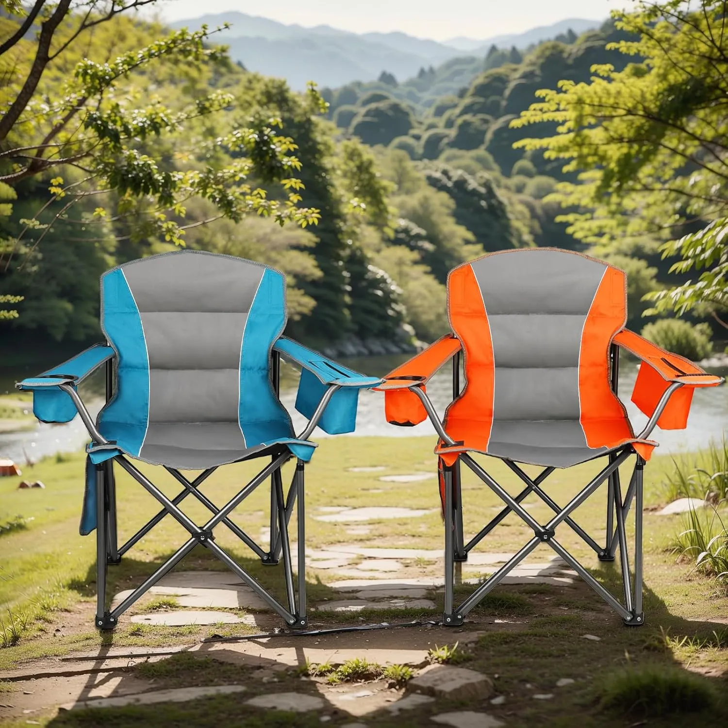 2 Pack Oversized Camping Chair, Padded Portable Chairs Heavy Duty Camping Folding Chairs w/Cooler Bag & Cup Holder, Support 400 LBS for Outdoor, Fishing & Garden (Orange & Blue)