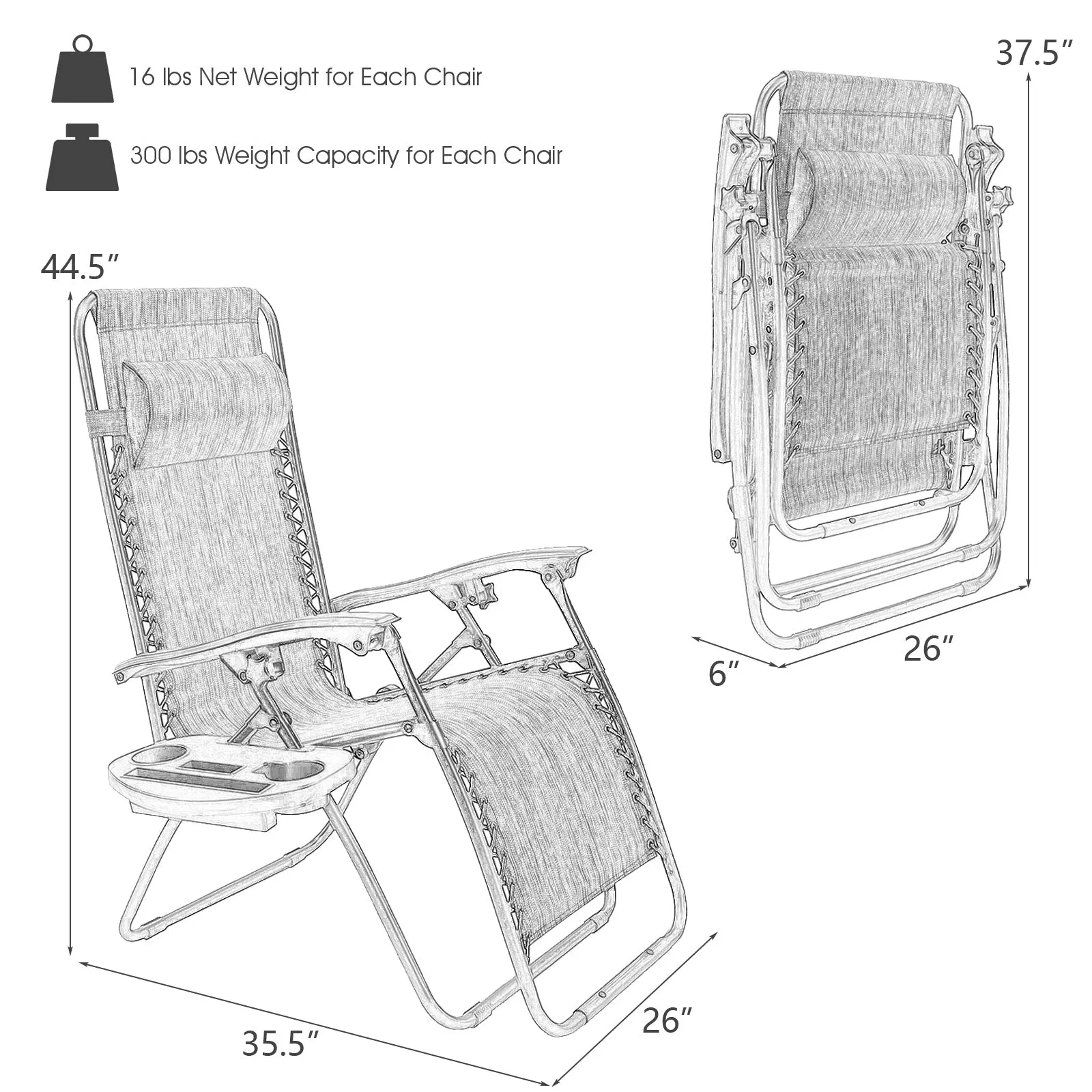 2 Pieces Folding Lounge Chair with Zero Gravity