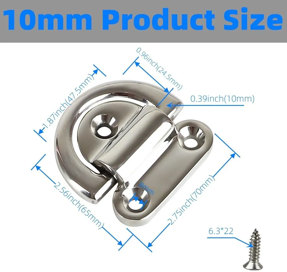 2Pcs 6/8/10mm Marine Folding Eyelets, 316 Stainless Steel Marine Grade D-Ring Anchor Bolt with 6 Screws, Heavy Duty Marine Lanyard Ring, Eyelet D-Ring for Boat Trailers, Yachts, Truck Barns