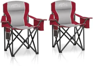 2PCS Folding Camping Chair Portable Outdoor Heavy Duty Padded Chairs Lawn Chair with Cup Holder, Storage Pocket and Cooler Bag, Supports 450LBS Red