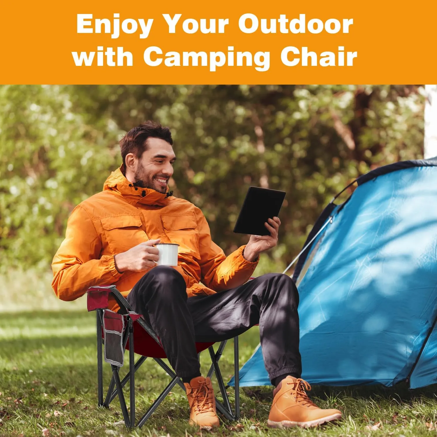 2PCS Folding Camping Chair Portable Outdoor Heavy Duty Padded Chairs Lawn Chair with Cup Holder, Storage Pocket and Cooler Bag, Supports 450LBS Red