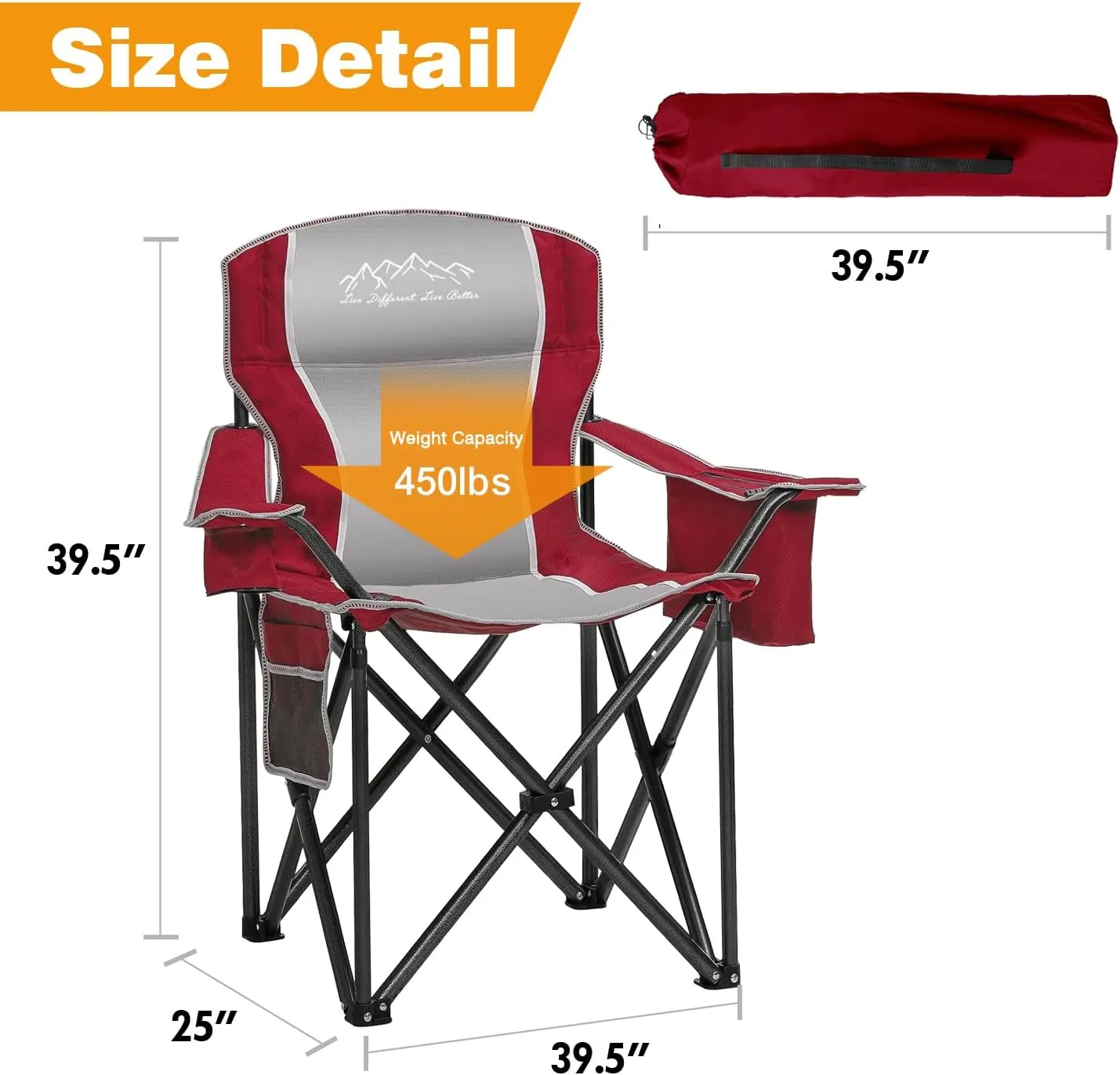 2PCS Folding Camping Chair Portable Outdoor Heavy Duty Padded Chairs Lawn Chair with Cup Holder, Storage Pocket and Cooler Bag, Supports 450LBS Red