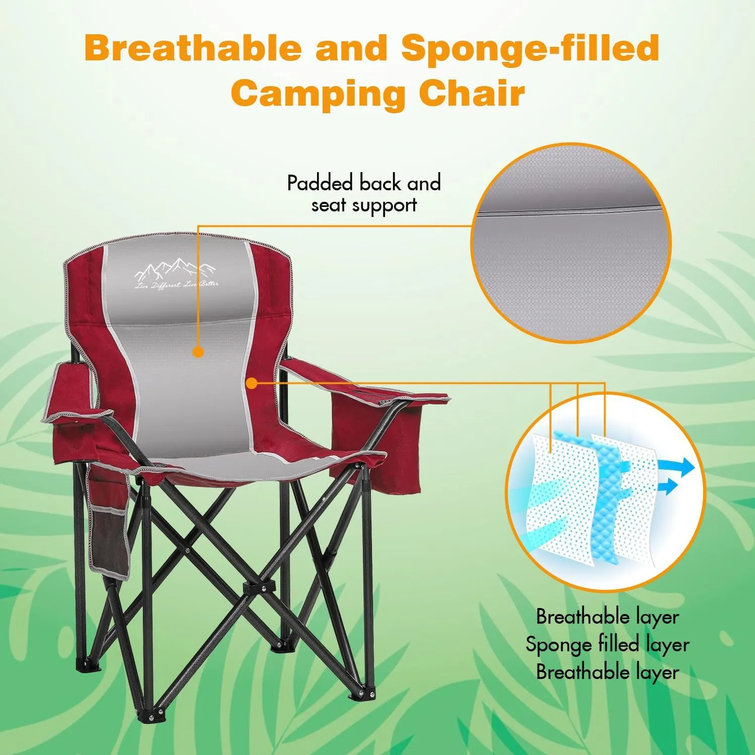 2PCS Folding Camping Chair Portable Outdoor Heavy Duty Padded Chairs Lawn Chair with Cup Holder, Storage Pocket and Cooler Bag, Supports 450LBS Red