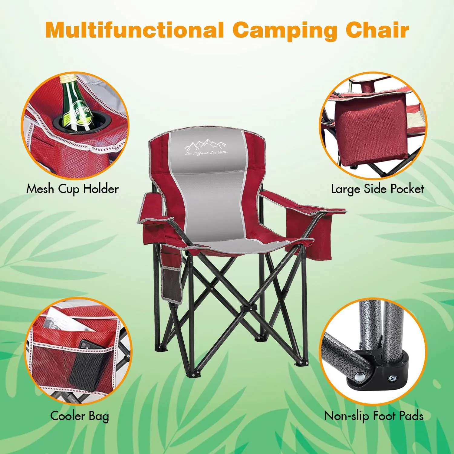 2PCS Folding Camping Chair Portable Outdoor Heavy Duty Padded Chairs Lawn Chair with Cup Holder, Storage Pocket and Cooler Bag, Supports 450LBS Red