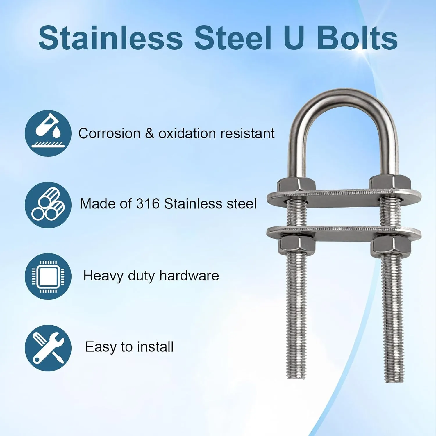 316 Stainless Steel U Bolts for Boat Stern Bow Eye Tie Down, Heavy Duty U-Bolt for Yatch Boat Trailer, Automotive