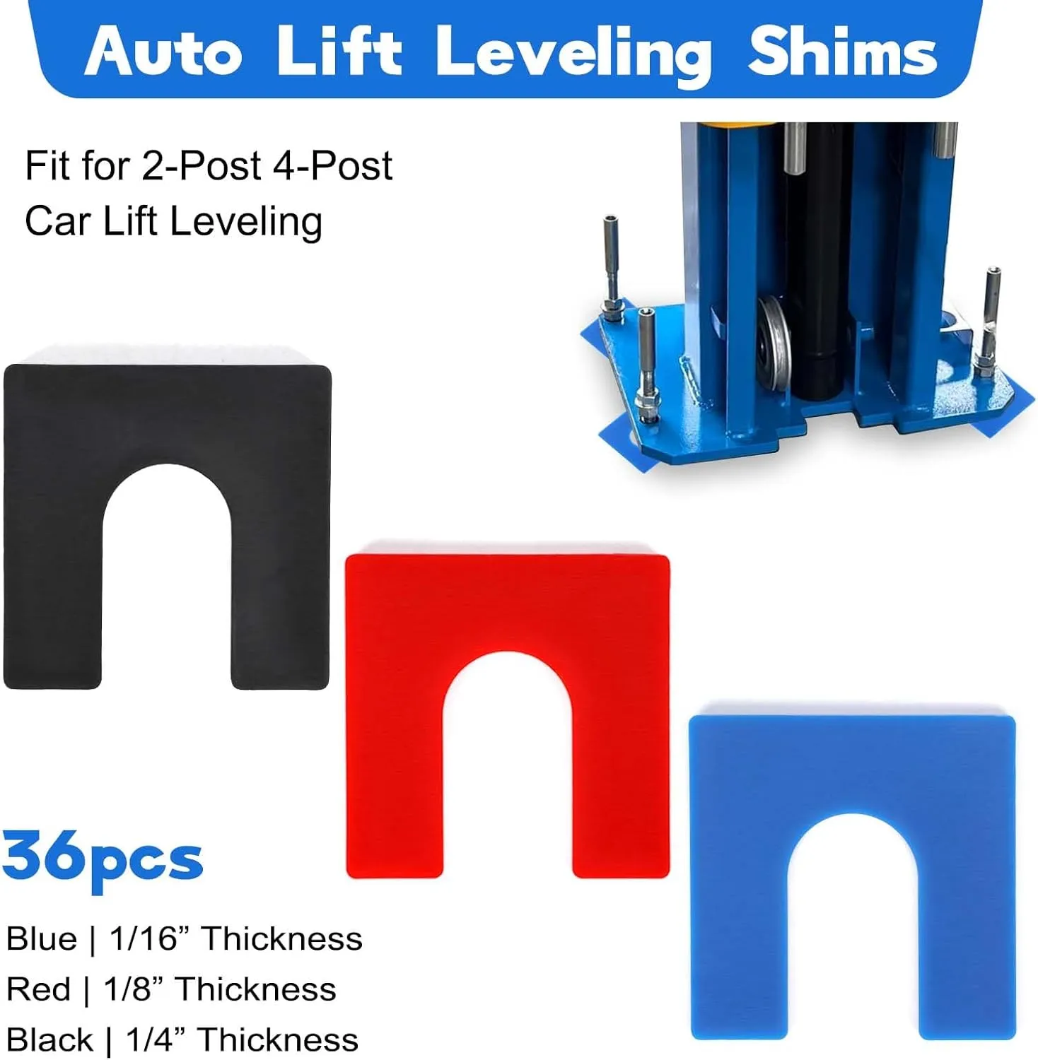 36 Pcs Plastic Auto Lift Leveling Shim Kit for 2 Post 4 Post Car Lift Leveling Installation, 4/5" Opening Shims Fit for 3/4" Anchor Bolt (1/16" Blue, 1/8" Red, 1/4" Black)