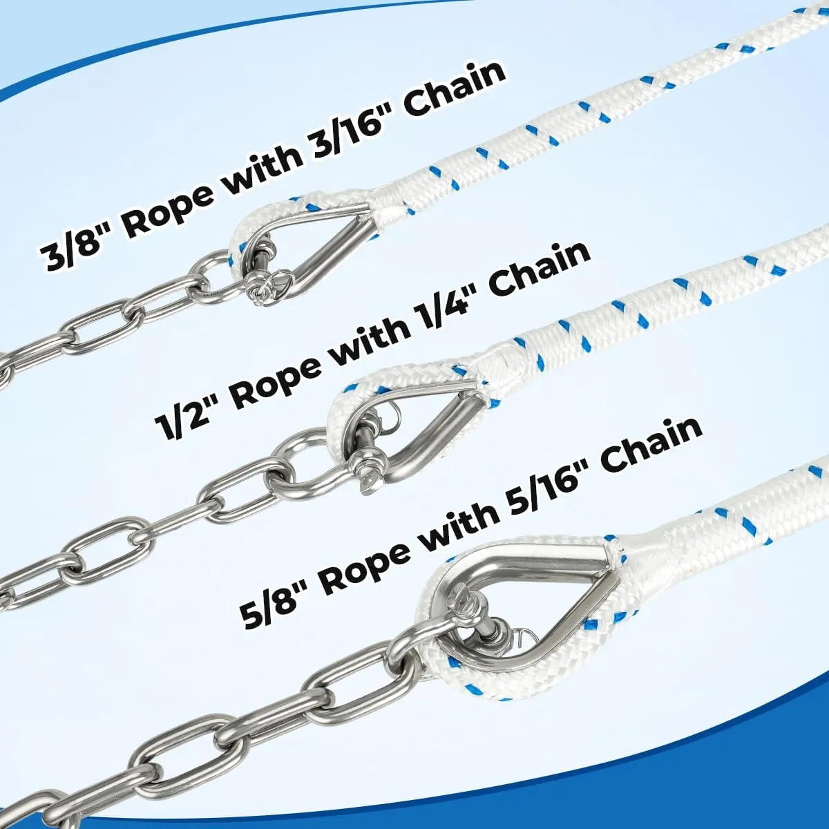 3/8" Boat Anchor Rope 150 FT with 316 Stainless Steel Anchor Chain 3/16" x 6 FT, 1/4" Anti-Off Shackles and 3/8" Thimble, Anchor Rode for Mooring, Boats Pontoon, Deck, Fishing, Sail