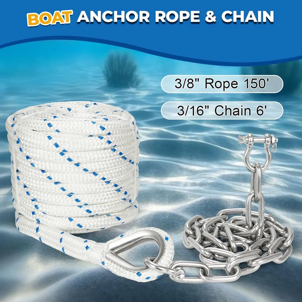 3/8" Boat Anchor Rope 150 FT with 316 Stainless Steel Anchor Chain 3/16" x 6 FT, 1/4" Anti-Off Shackles and 3/8" Thimble, Anchor Rode for Mooring, Boats Pontoon, Deck, Fishing, Sail