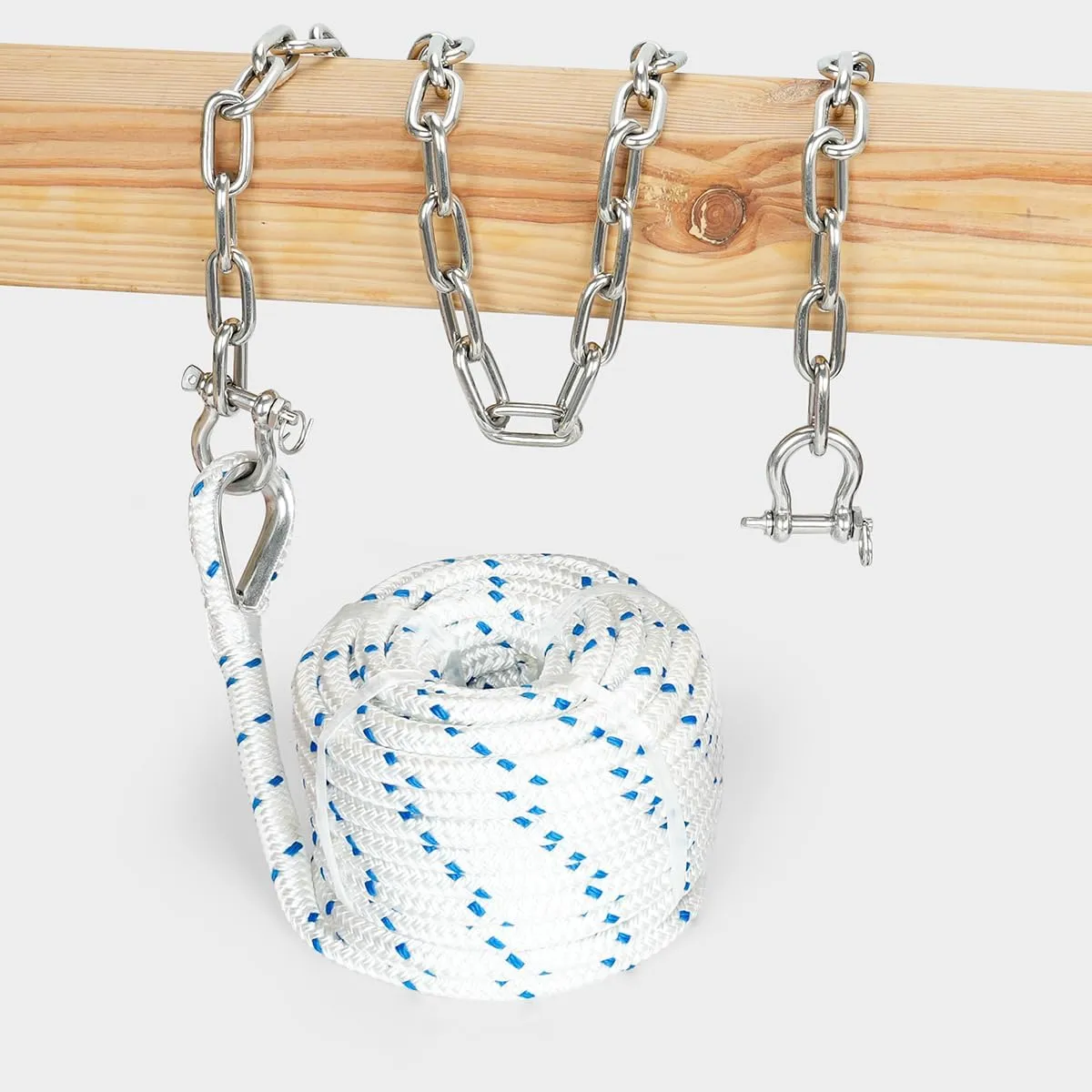 3/8" Boat Anchor Rope 150 FT with 316 Stainless Steel Anchor Chain 3/16" x 6 FT, 1/4" Anti-Off Shackles and 3/8" Thimble, Anchor Rode for Mooring, Boats Pontoon, Deck, Fishing, Sail