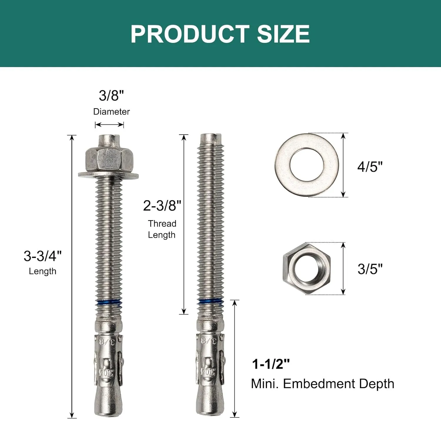 3/8" x 3-3/4" Concrete Anchors (25 Pack) 3/8 inch Wedge Anchors Bolts Stainless Steel