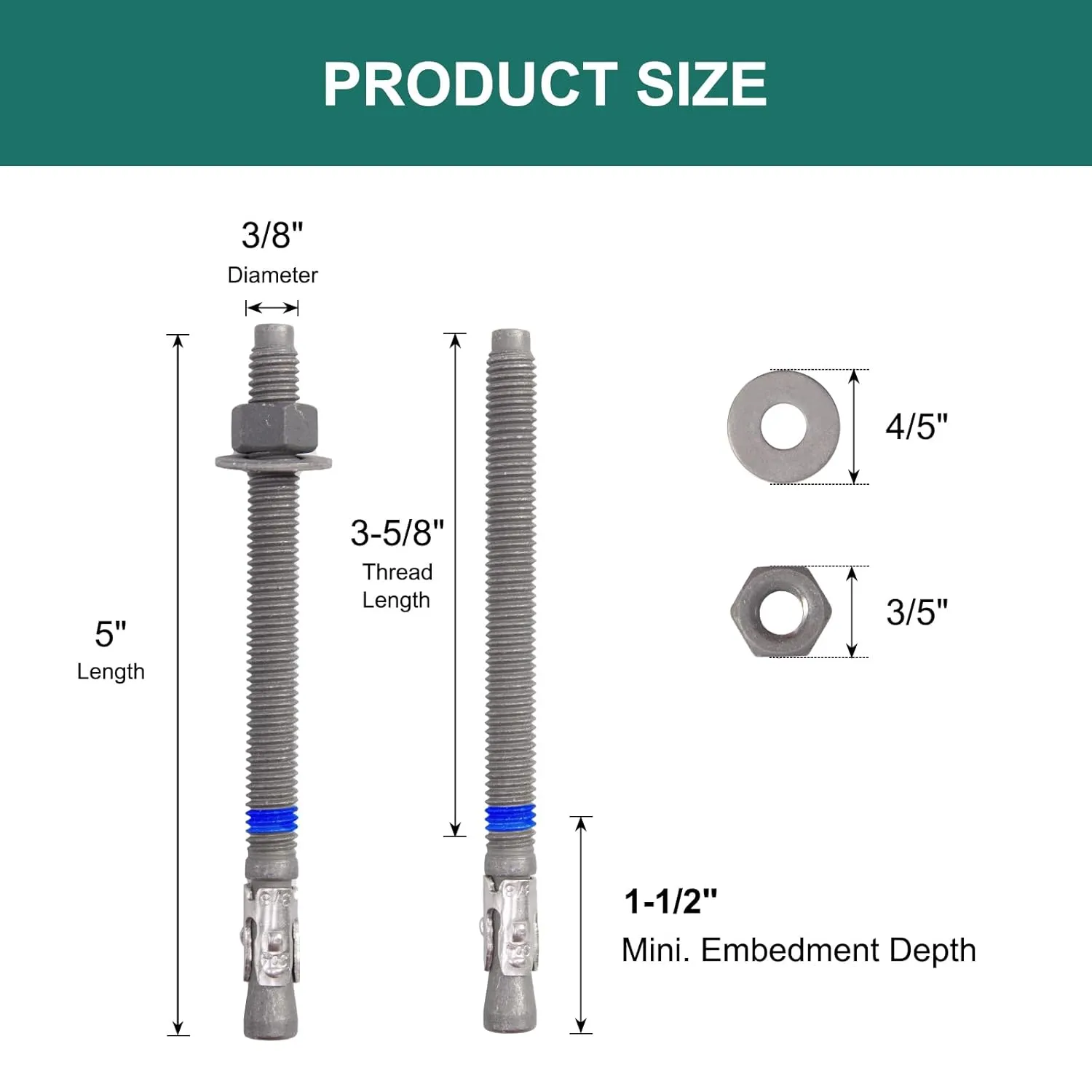 3/8" x 5" Concrete Anchors (20 Pack) 3/8 inch Wedge Anchors Bolts Hot Dip Galvanized