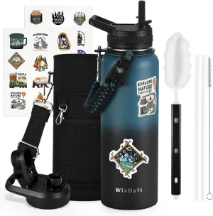 40 oz Insulated Water Bottle with Straw (Cold for 48 Hrs), Stainless Steel Triple Wall Vacuum Sports Water Jug, Leakproof Hydro Cup Flask with Paracord Handle & Straw Spout Lids & DIY Stickers