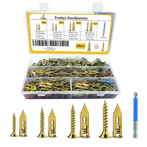 400pcs Self-Drywall Dilling Anchos Screws with, 4 Diferent Expansion Sizes Screw Set, Zinc Plated Steel Dry Wall Screws no Drilling Required, Easy to Install