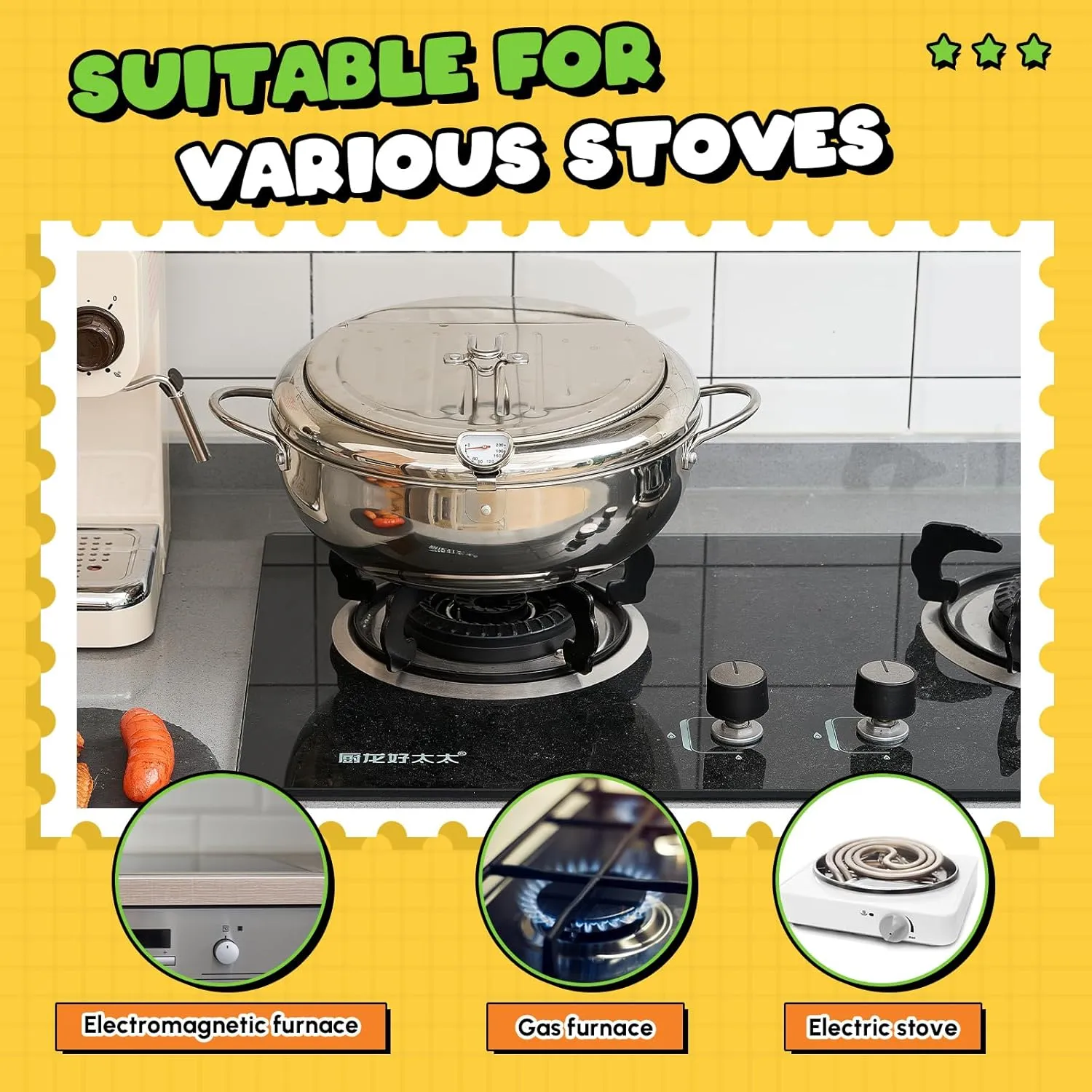 4.4 Qt (4.2 L) Deep Fryer Pot 304 Stainless Steel Tempura Frying Pot with Lid and Oil Drain Rack Japanese Deep Fryer Pan with Temperature Control for Kitchen French Fries, Chicken