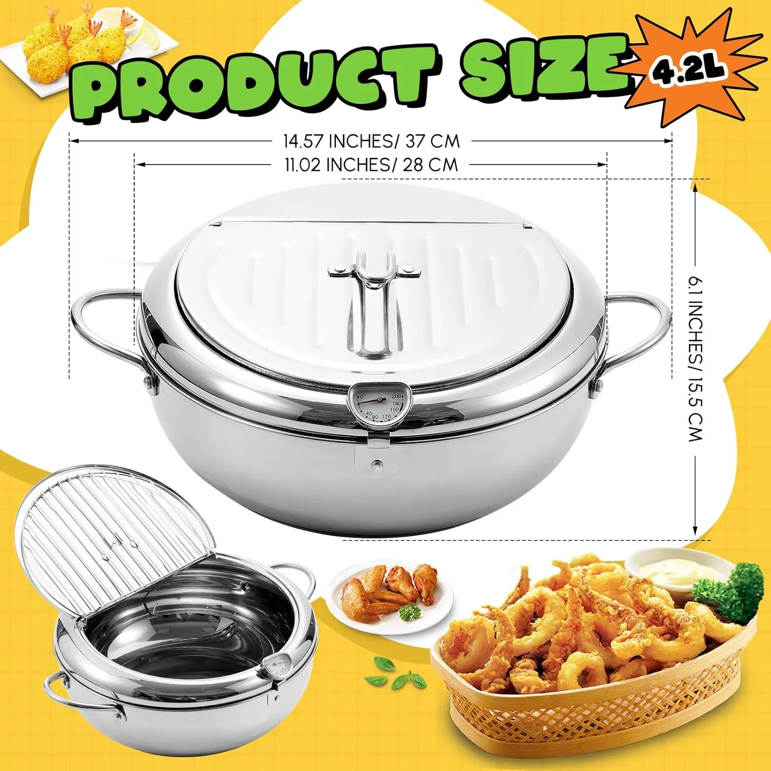 4.4 Qt (4.2 L) Deep Fryer Pot 304 Stainless Steel Tempura Frying Pot with Lid and Oil Drain Rack Japanese Deep Fryer Pan with Temperature Control for Kitchen French Fries, Chicken