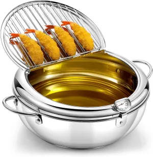 4.4 Qt (4.2 L) Deep Fryer Pot 304 Stainless Steel Tempura Frying Pot with Lid and Oil Drain Rack Japanese Deep Fryer Pan with Temperature Control for Kitchen French Fries, Chicken