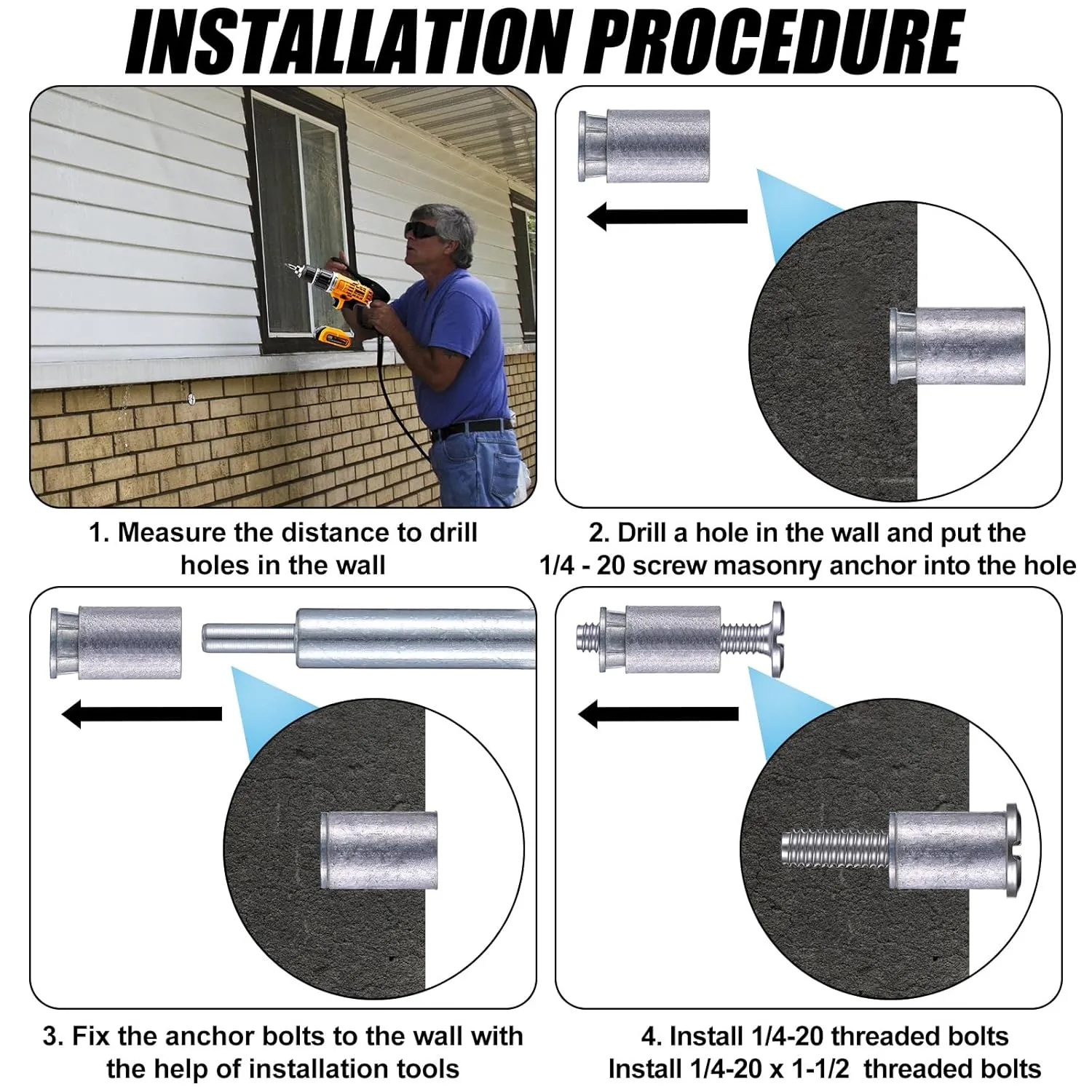 49 Piece Kit - Hurricane Shutter Hardware Hurricane Sidewalk Bolt Kit 18-8 Hardware Stainless Steel Bolt Combo with Masonry Anchors & Set Tool for Masonry Walls(1/4-20 x 1-1/2 Inch)
