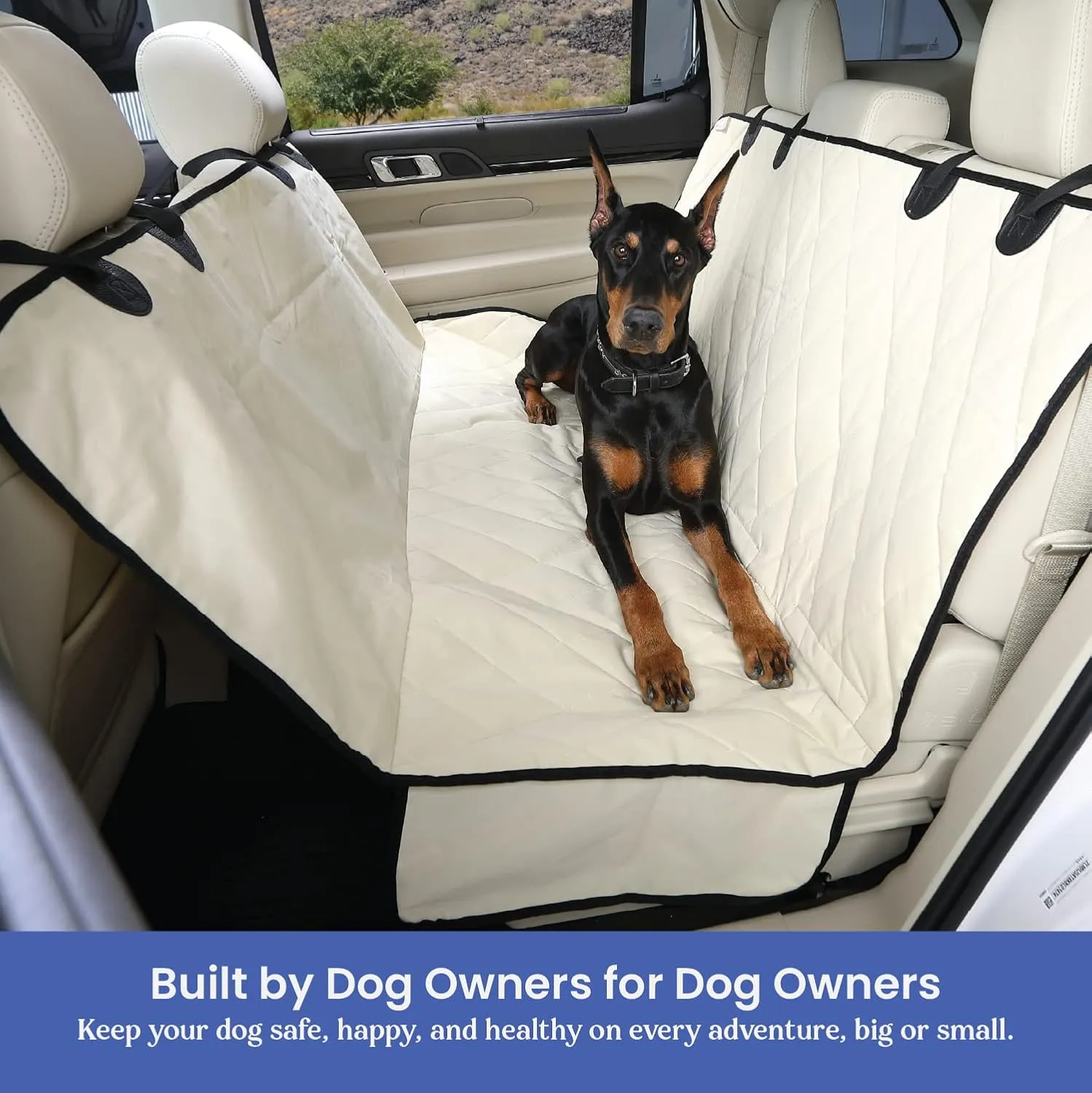 4Knines Dog Backseat Cover with Hammock for Cars, SUVs, and Trucks – Waterproof Layers, Nonslip Seat Protector, Durable Nylon Clips, K9 Shield with Heavy Duty Thread, (Extra Large, Tan)