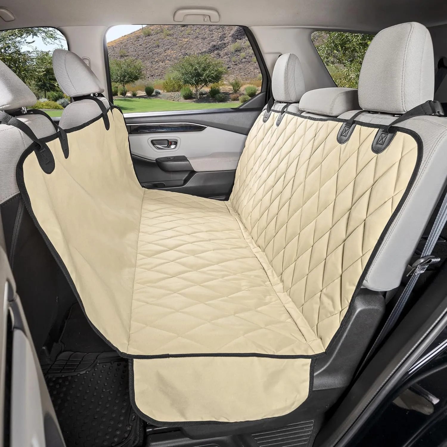 4Knines Dog Backseat Cover with Hammock for Cars, SUVs, and Trucks – Waterproof Layers, Nonslip Seat Protector, Durable Nylon Clips, K9 Shield with Heavy Duty Thread, (Extra Large, Tan)