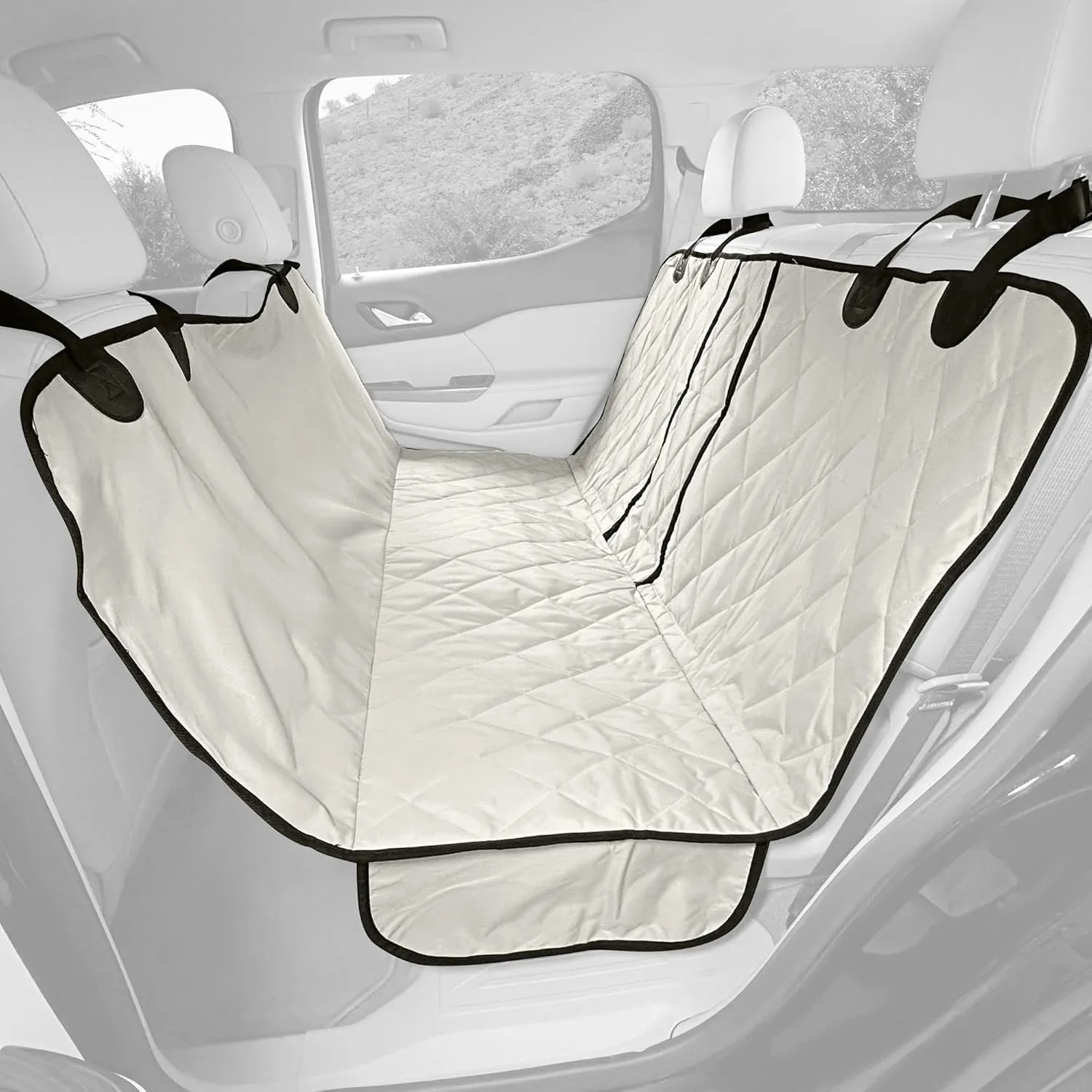 4Knines Dog Hammock for Cars, SUVs, and Small Trucks (Regular Size, Tan) – Rear Seat Cover for 60/40 Split Bench w/Armrest & Seatbelt Access – Heavy Duty, Waterproof, Easy Install, Machine Washable